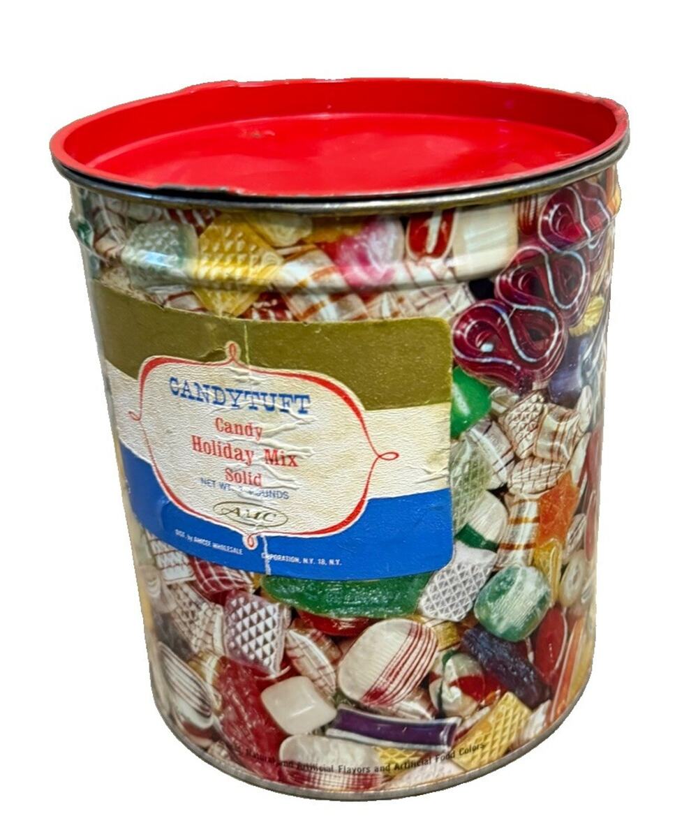 Vintage Candytuft Red Candy Graphic Christmas Tin Can ~ 6x7” Holiday Mid Century